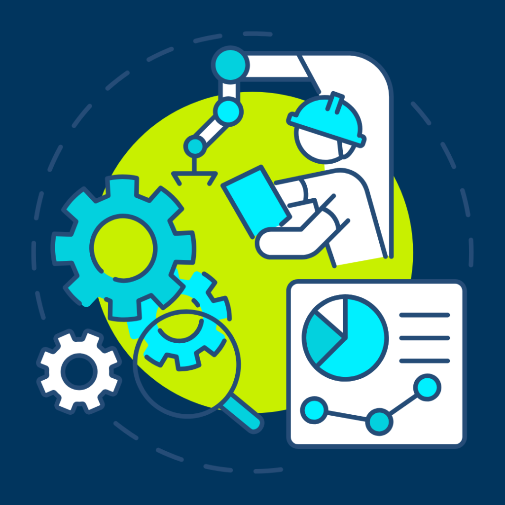 Infografik, wo ein Techniker ein Handbuch in der Hand hält und eine Maschine einstellt