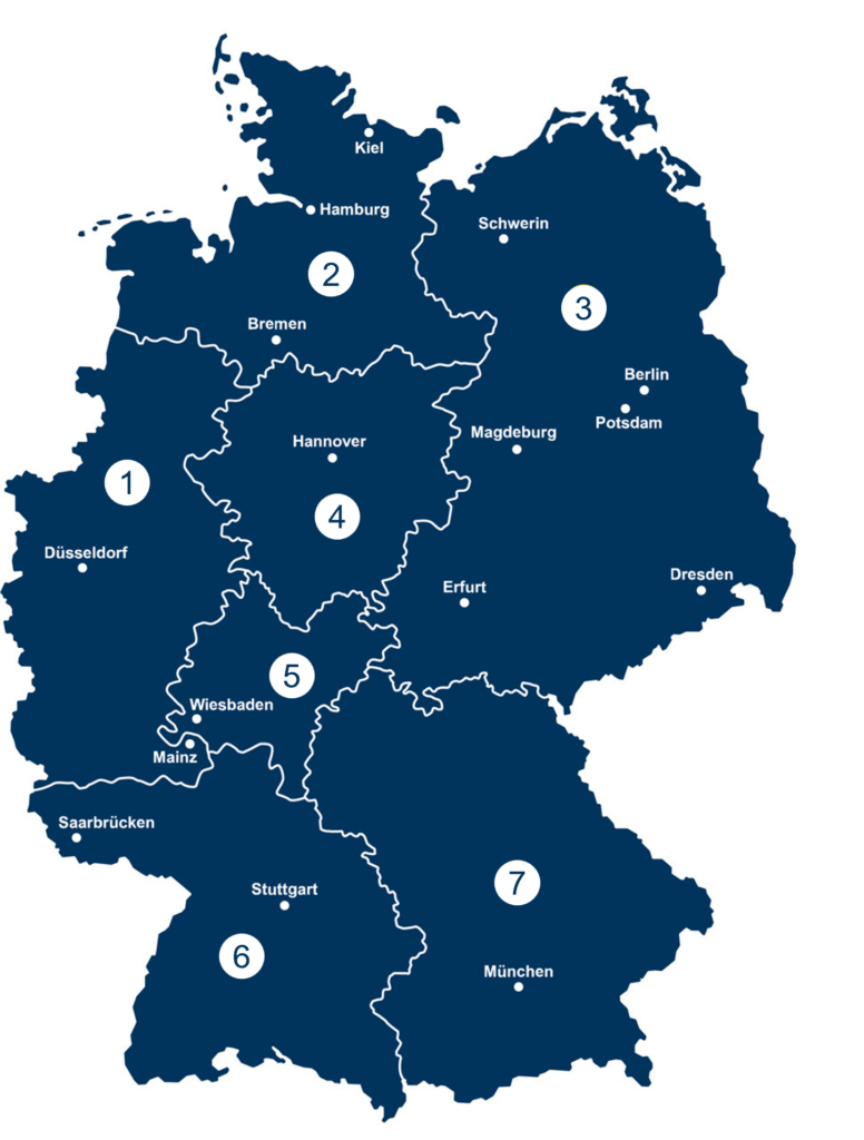 Blaue Deutschlandkarte mit territorialer Einteilung der Gebiete