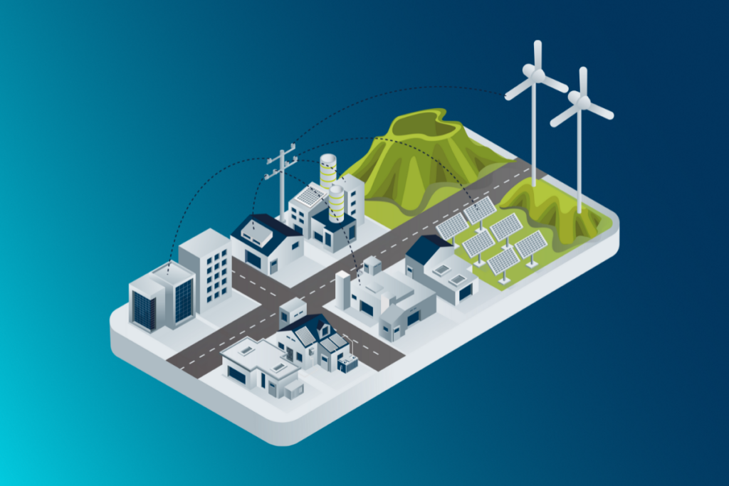 Infografik über das 450Mhz-Netz, welches von einem Mittelspannungsmast über Funkverbindungen mit verschiedenen Stationen verbunden ist