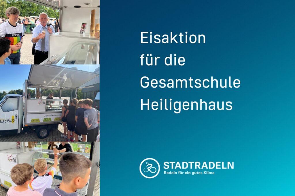 Ein Mann mit Eis in der Hand am Eiswagen, Schlange an Kindern vorm Eiswagen, ein Junge nimmt ein Eis entgegen