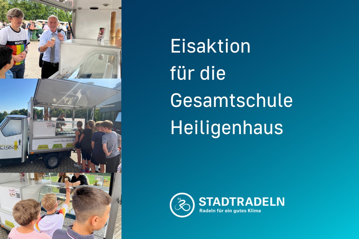 Ein Mann mit Eis in der Hand am Eiswagen, Schlange an Kindern vorm Eiswagen, ein Junge nimmt ein Eis entgegen