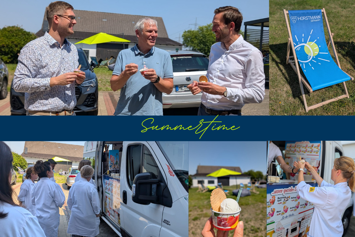 Eine Collage aus Bildern auf der eine Gruppe von 3 Männern beim Eis essen, ein Becher mit Eis, ein Eiswagen, ein Liegestuhl sowie eine Frau, die ein Eis entgegennimmt, zu sehen sind