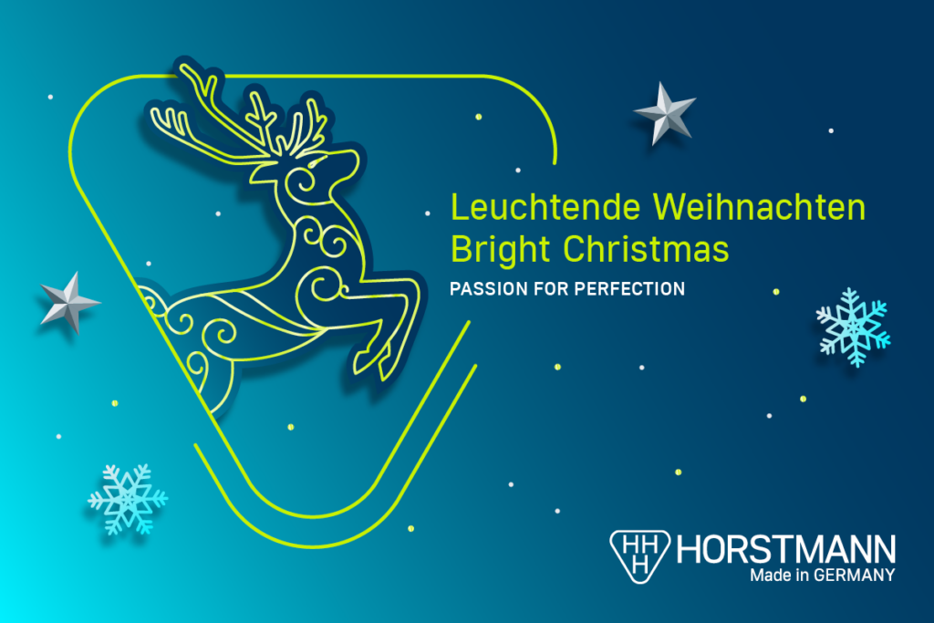 Weihnachtliches Motiv mit Elch, Schneeflocken und Horstmann Logo