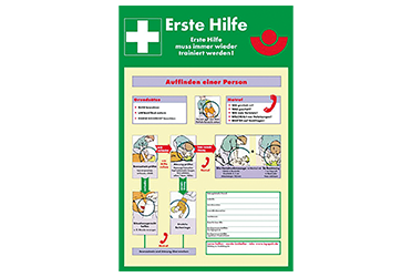 Grünes Erste Hilfeschild mit Hinweisen zur Ersten Hilfe