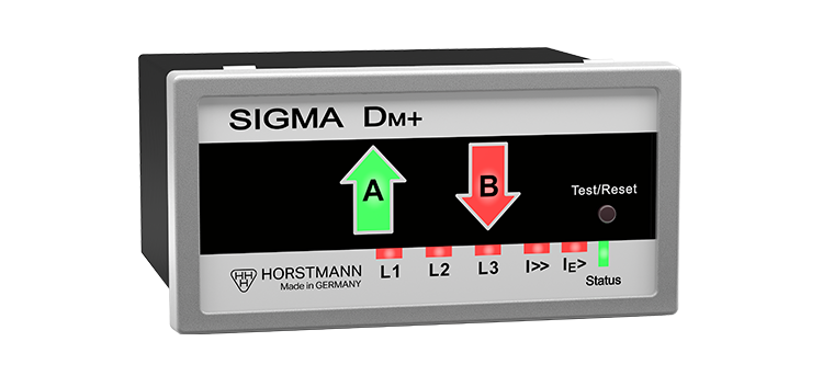 Grau-Schwarzer Kurz- und Erdschlussanzeiger mit zwei Pfeilen auf dem Display (Grün und Rot), einem Test-Button rechts und eine LED-Anzeige pro Phase (L1, L2, L3 und Wirktstrom & Status)