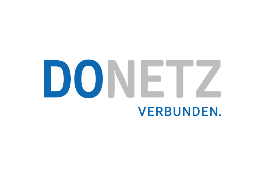 Kundenlogo der Dortmunder Netze, mit einem blau-grauen Schriftzug auf weißem Hintergrund