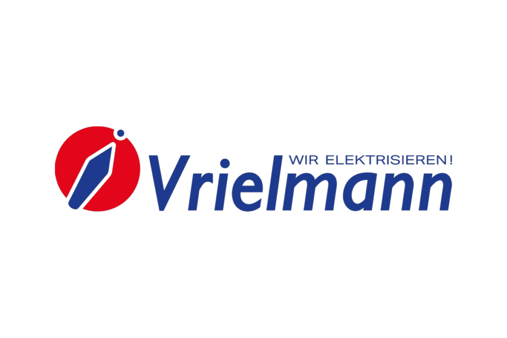 Kundenlogo der Firma Vrielmann, mit einem blau-roten Schriftzug auf weißem Hintergrund