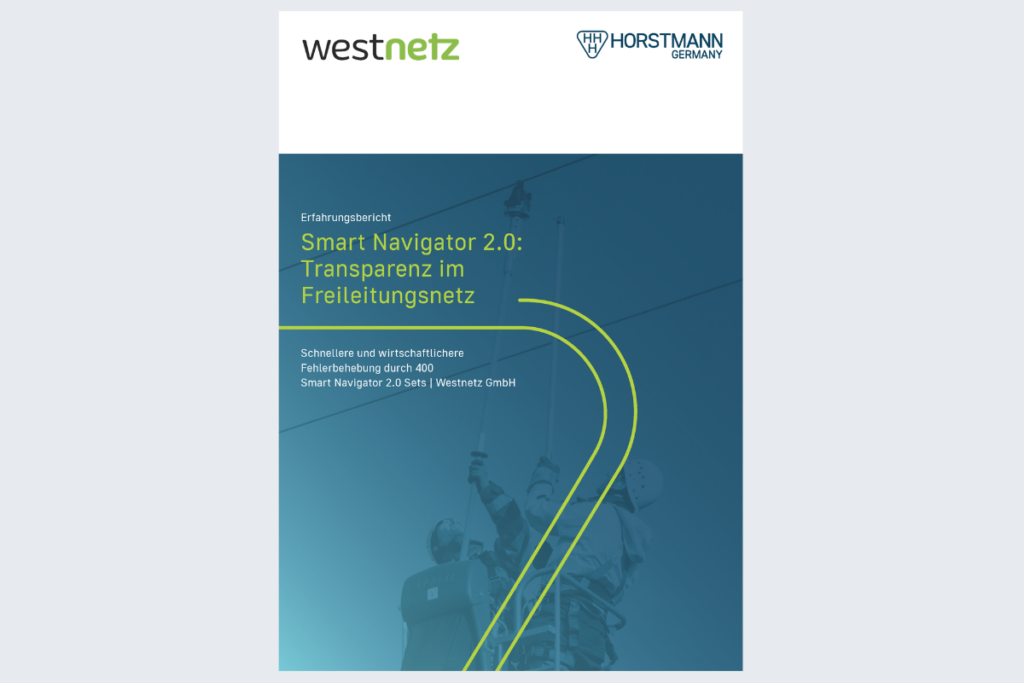 Vorderseite eines Fachberichtes mit der Installation eines Freileitungsanzeiger, durchgeführt von zwei technischen Mitarbeitern