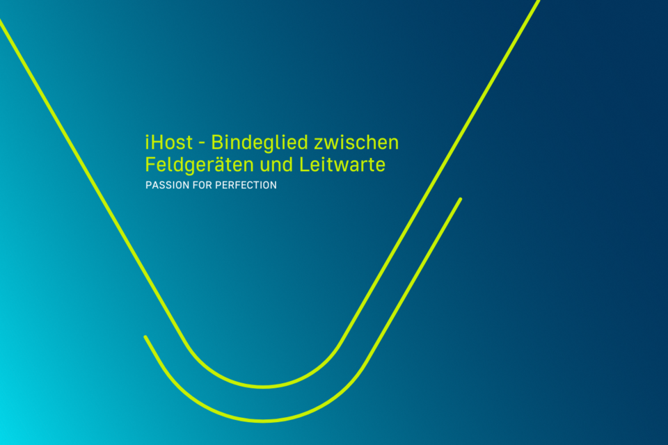 Grün-blauer Farbübergang mit einem hellgrünen Text und V-förmiges Symbol darauf