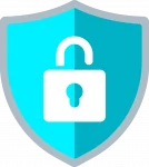 Icon für Internetsicherheit. Beinhaltet ein Schloss auf einem blauen Schild.