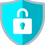 Icon für Internetsicherheit. Beinhaltet ein Schloss auf einem blauen Schild.